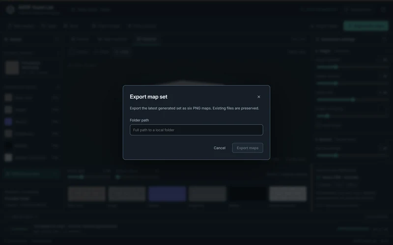 The real export dialog describes six PNG outputs and preservation of existing files; no private destination is shown.