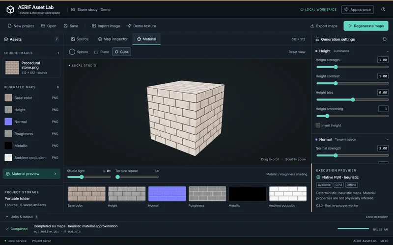 The existing primitive cube preview displays the procedural stone material under controlled studio lighting.