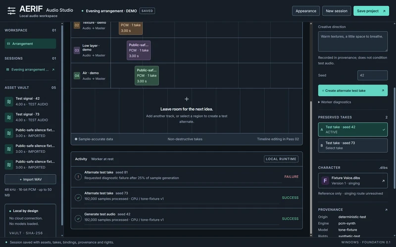 Activity and diagnostics. Real child-process job outcomes: successful synthetic generation and an intentional diagnostic failure. No AI music model is connected.
