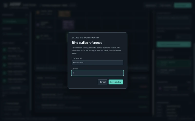 Character reference boundary. A synthetic .dibs ID/version reference only. The app does not create character identities or resolve a singing route.