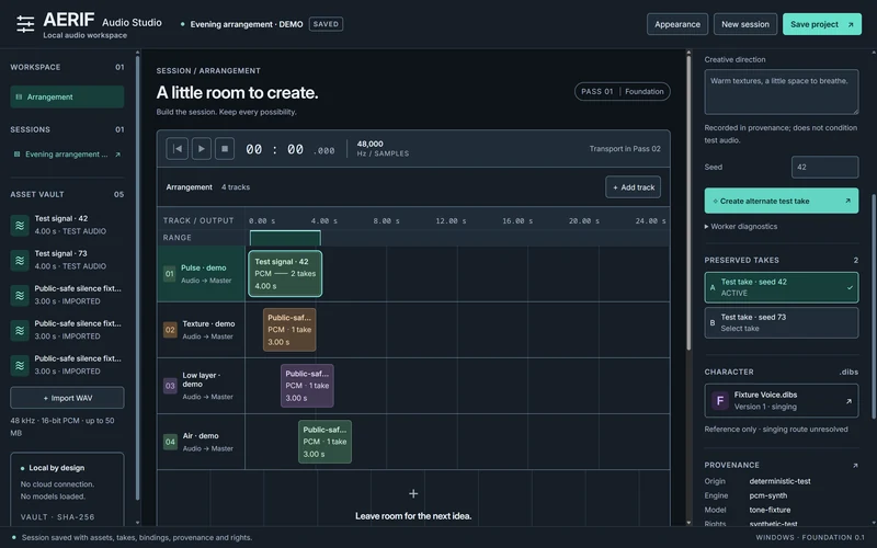 Asset Vault. Safe imported fixture and deterministic test audio in the real local asset list. Content bytes remain unchanged.