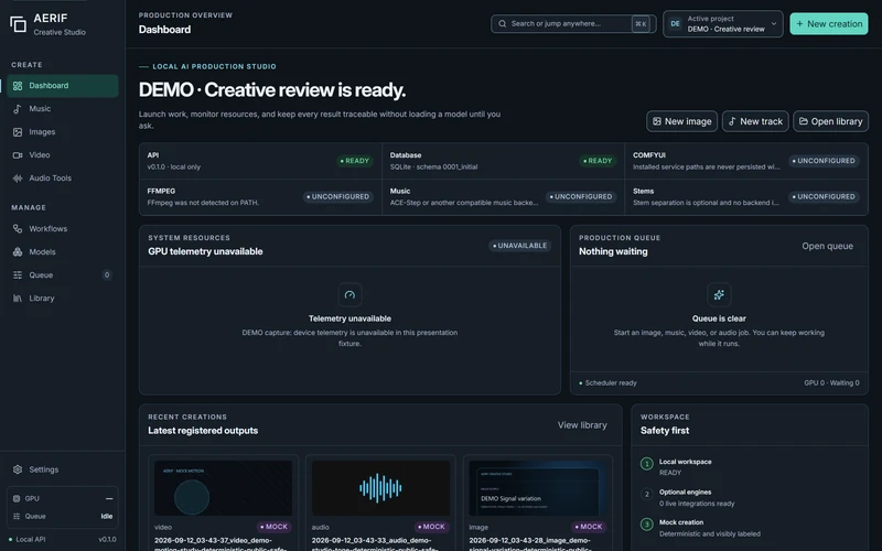 Production overview in AERIF Creative Studio; Queue, recent mock outputs and explicit service availability in the local production workspace. Device telemetry is an explicitly unavailable demo fixture.