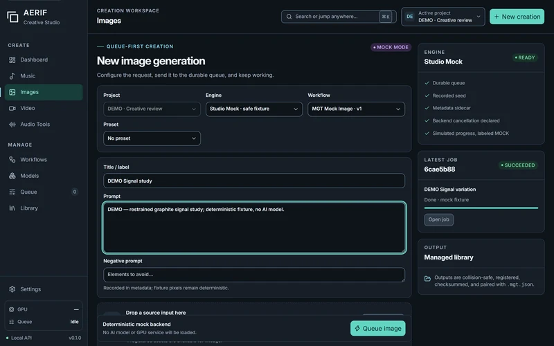 Image creation in AERIF Creative Studio; The implemented image form with a public-safe prompt, typed controls and visible MOCK mode. No AI image generation is claimed.