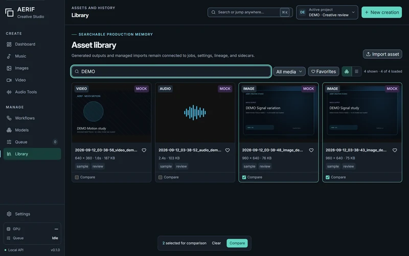 Media library in AERIF Creative Studio; Searchable deterministic PNG, WAV tone and animated WebP fixtures with MOCK provenance and review controls.
