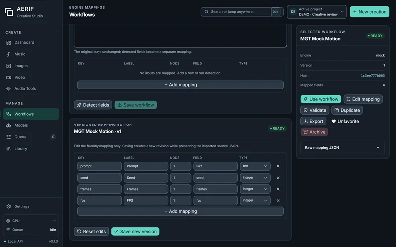 Typed workflow controls in AERIF Creative Studio; The existing typed mapping editor for a versioned local mock workflow. Source and mapping remain separate, and no edit is saved for this capture.