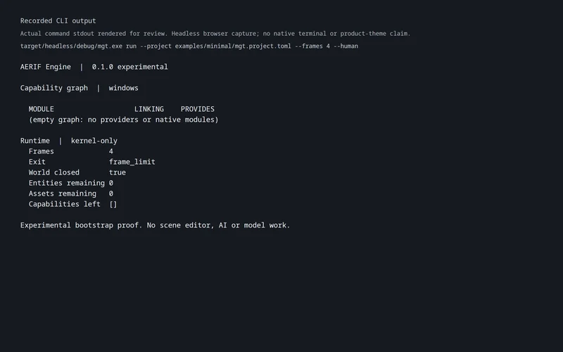 Actual four-frame kernel-only run from the separately feature-disabled executable; no providers or modules selected.