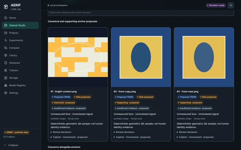 AERIF LoRA Lab. Review-only fictional object anchors remain proposals; source version is frozen and no training is authorized. Visible theme: aerif.theme.core.dark.