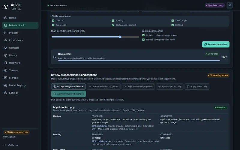 AERIF LoRA Lab. Deterministic fixture-provider proposals include accepted, rejected and proposed records; confidence is review guidance. Visible theme: aerif.theme.core.dark.
