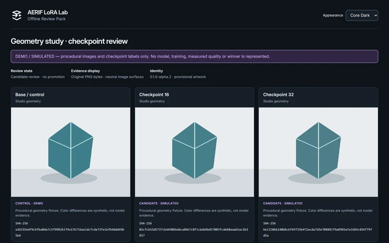 AERIF LoRA Lab. Fresh self-contained report with pinned fonts and Identity artwork; original synthetic comparison pixels remain neutral. Visible theme: aerif.theme.core.dark.