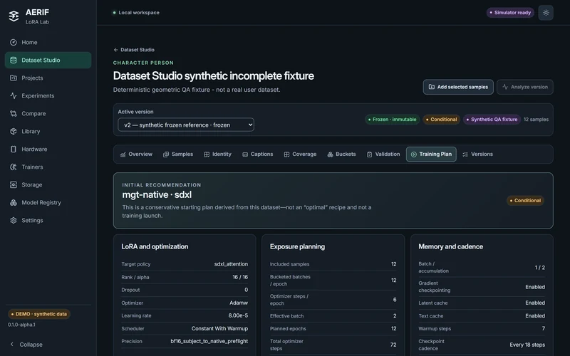 AERIF LoRA Lab. Frozen synthetic dataset, recipe and schedule are shown without starting a worker or optimizer. Visible theme: aerif.theme.core.dark.