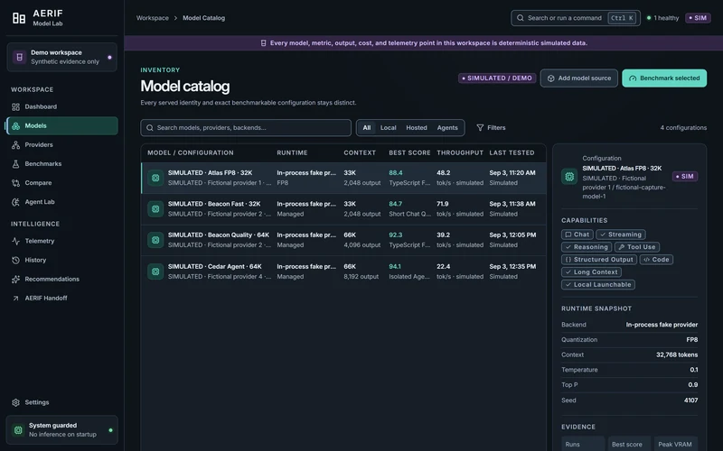 AERIF Model Lab browser demo: exact configuration catalog, with visible SIMULATED or DEMO provenance labels.