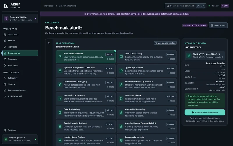 AERIF Model Lab browser demo: benchmark studio, with visible SIMULATED or DEMO provenance labels.