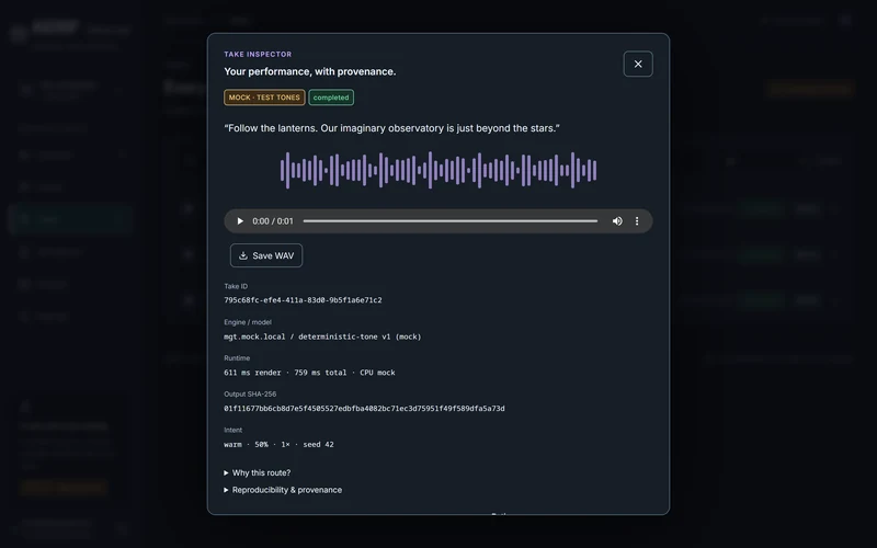 Take inspector and playback in aerif.theme.core.dark: A stored mock WAV is loaded in the native browser audio control with measured CPU mock timings and output hash. The illustrated waveform is decorative, not measured audio.