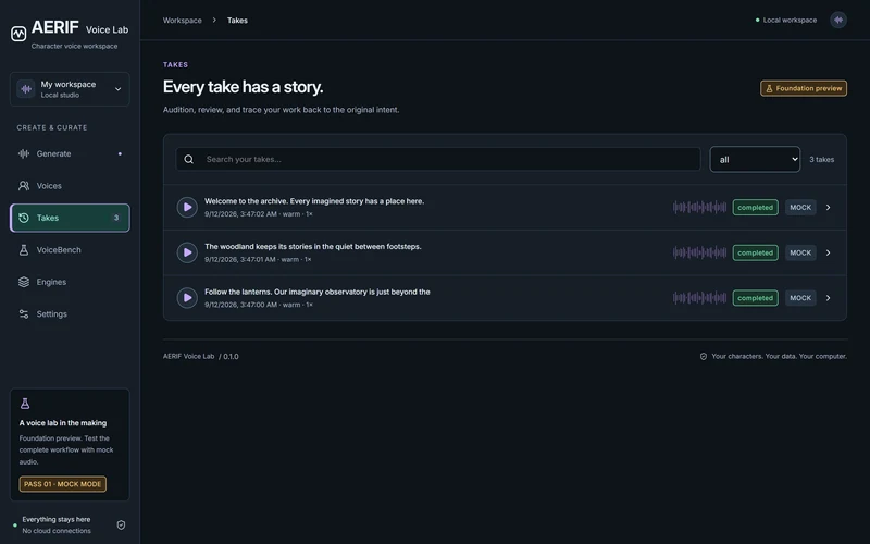 Takes and history in aerif.theme.core.dark: Three actual deterministic mock-worker takes persisted with their intent and completion state. No speech-quality claim.