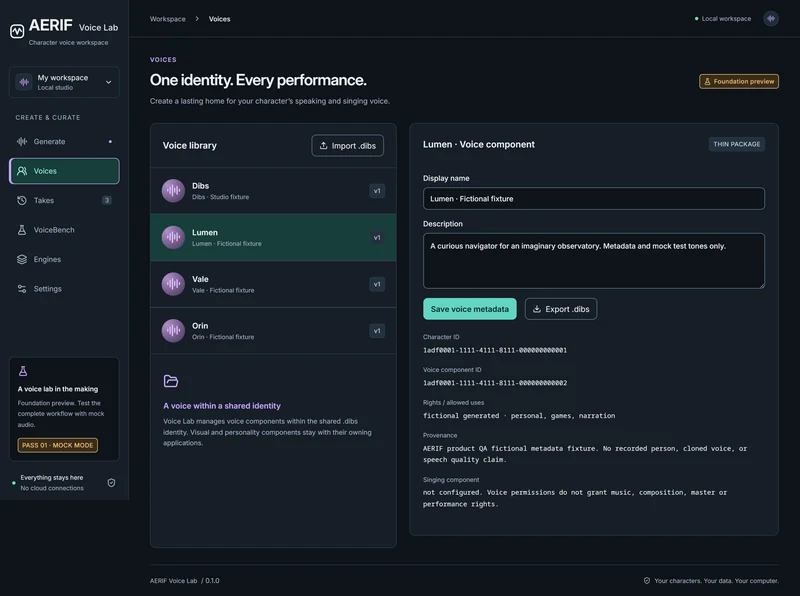Voice library in aerif.theme.core.dark: Four fictional metadata identities in the working library. There are no personal recordings or claimed cloned voices.